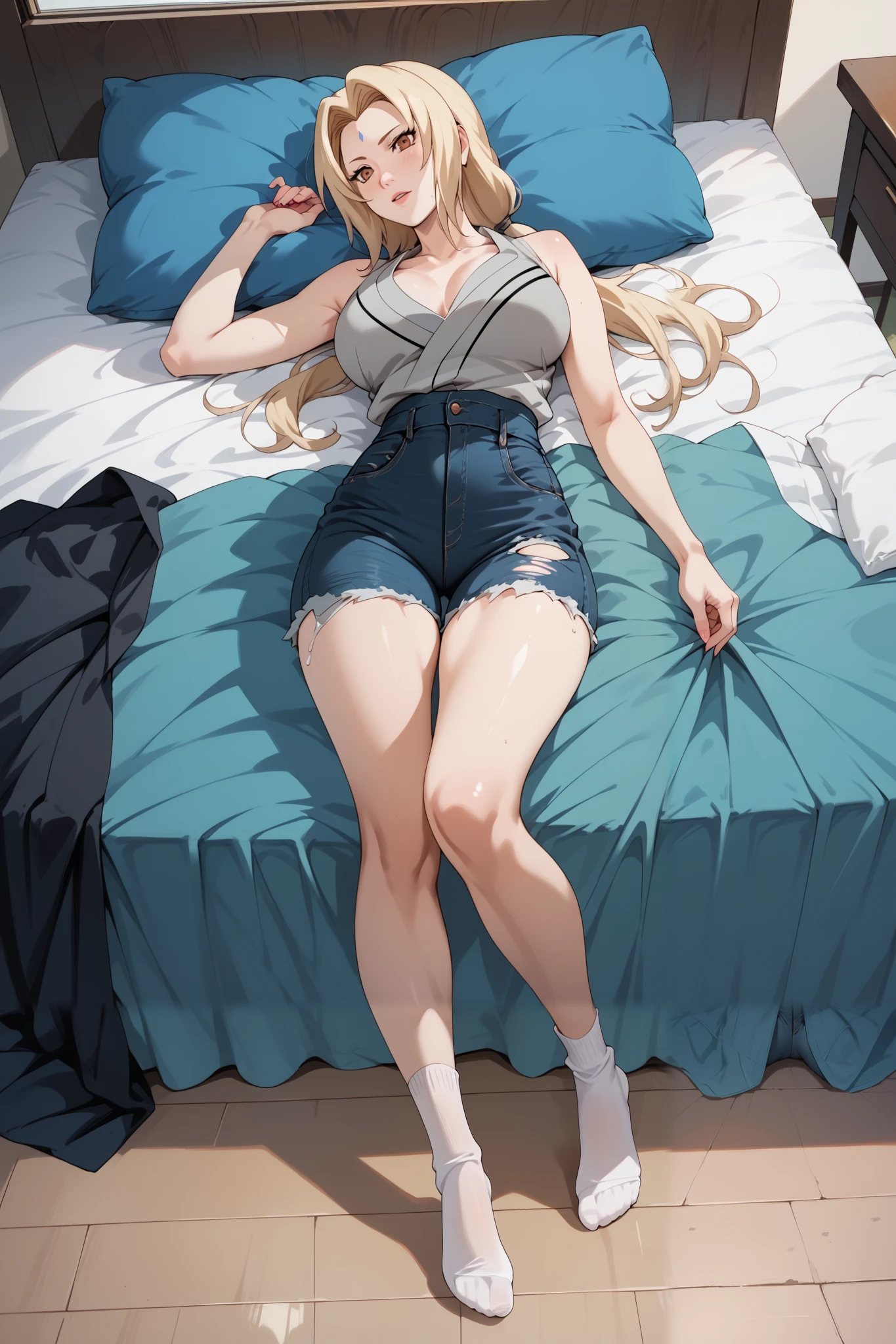 Masterpiece,4k, extremely detailed,solo,1girl,tsunade,((full body)),slim body,large breasts,beauty legs,grey kimono,white sock,sleeveless,blue ripped jeans,lying on the bed