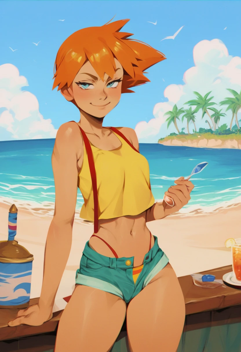 score_9, score_8_up, score_7_up, score_6_up, score_5_up, score_4_up, misty \(pokemon\), orange hair, wearing a yellow crop top and a short shorts, thong, challenging the viewer, smirk, BREAK, masterpiece, sea, blue sky, sand, tropical island bakcground