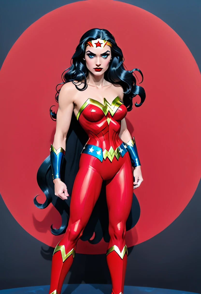 (Wonder Women - DC Comic), standing, star background, long black wavy hair, blue eyes, red lips, blush red, black eyeshadow, black eyeliner, full set of wonder woman costumes