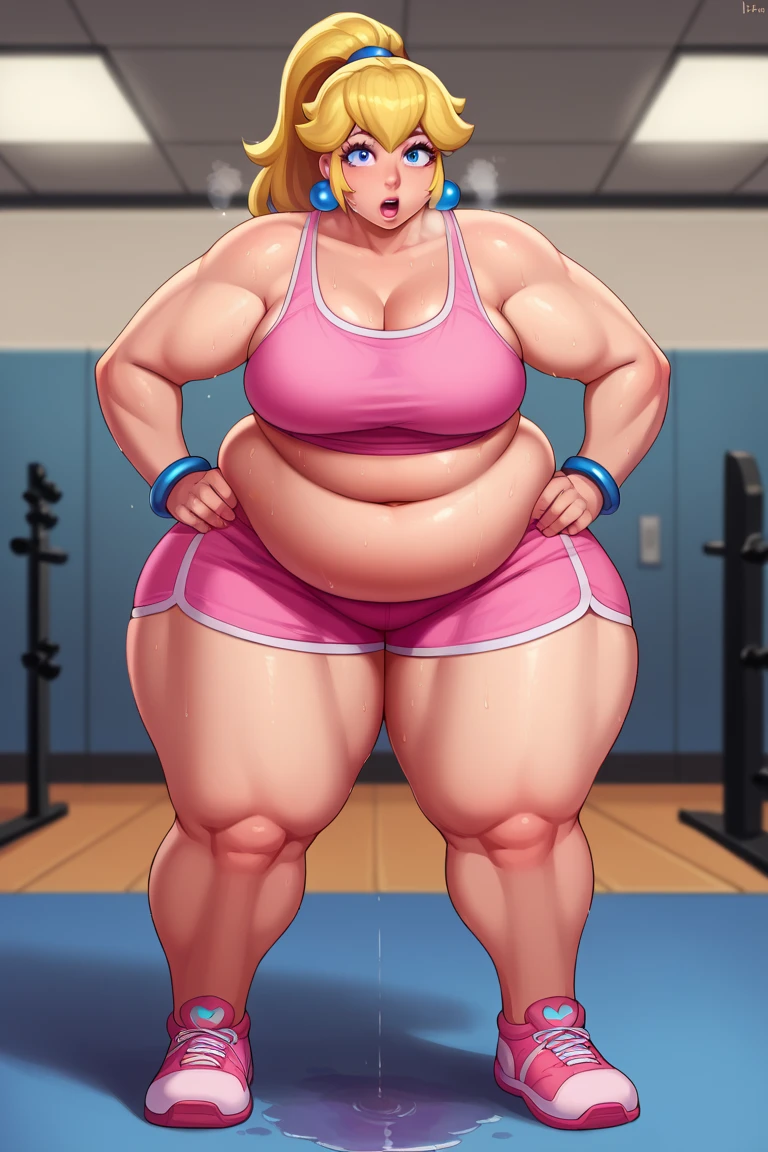 score_9, score_8_up, score_7_up, BREAK, 1girl, solo, princess peach, 1girl, solo, , blonde hair, ponytail, jewelry, bracelet, makeup, casual, cowboy shot, blue eyes, looking at the viewer, large breasts, hands on hips, pink tanktop, sweaty, pink shorts, sweating profusely, open mouth, exhausted, heavy breathing, puddle of sweat on the ground, steam coming out her mouth, gym, indoors, she wears pink shoes, thick, obese, soft belly, chubby, wide hips, sexy hips, full body, big belly, thicc thighs, chubby arms
