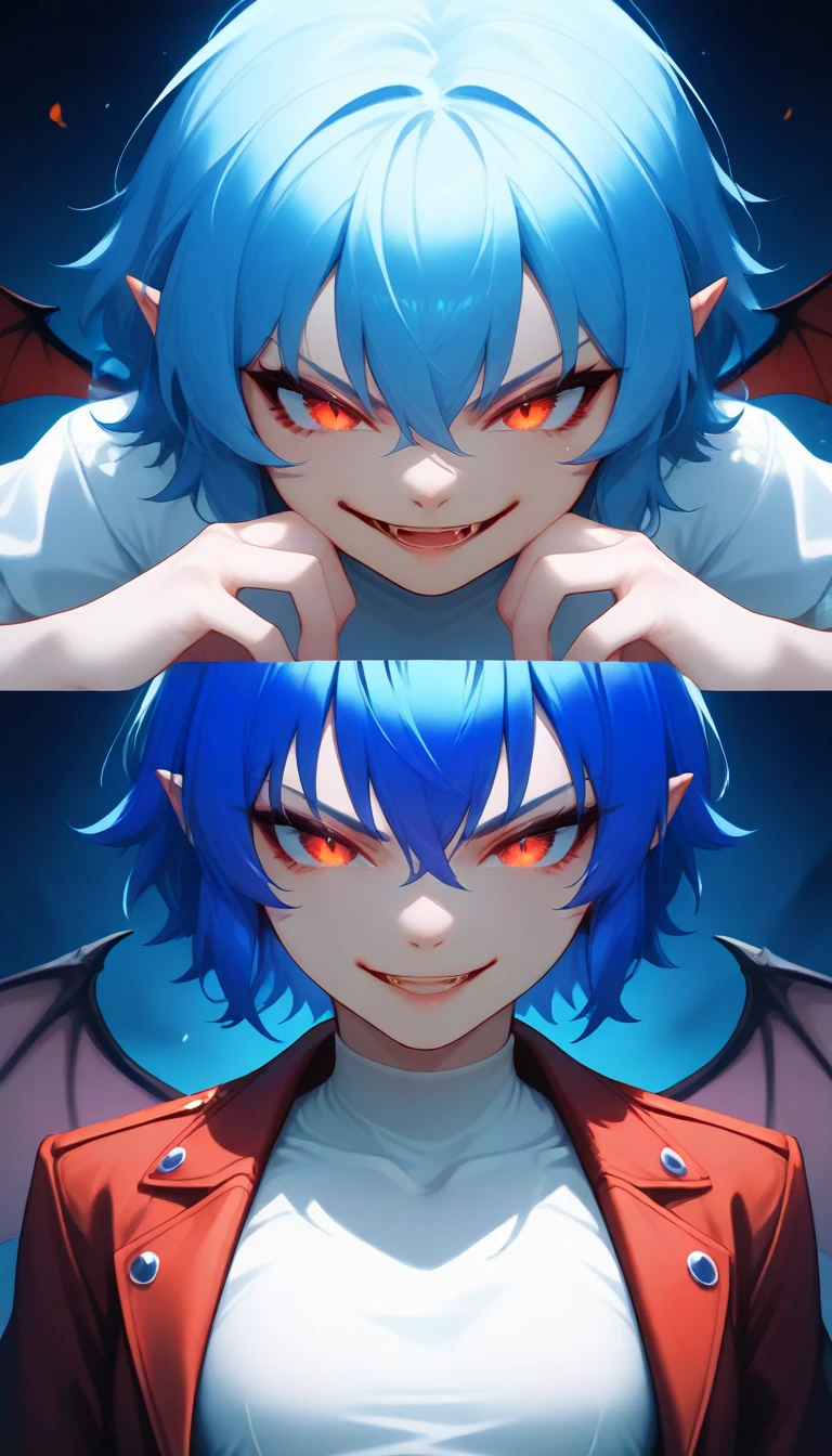 (((Remilia Scarlet))), (Bat wings), (vampiro),  short hair, (((blue hair))), ((standing)), ((((face close up)))), ((jacket, tight shirt)), evil smile,, 