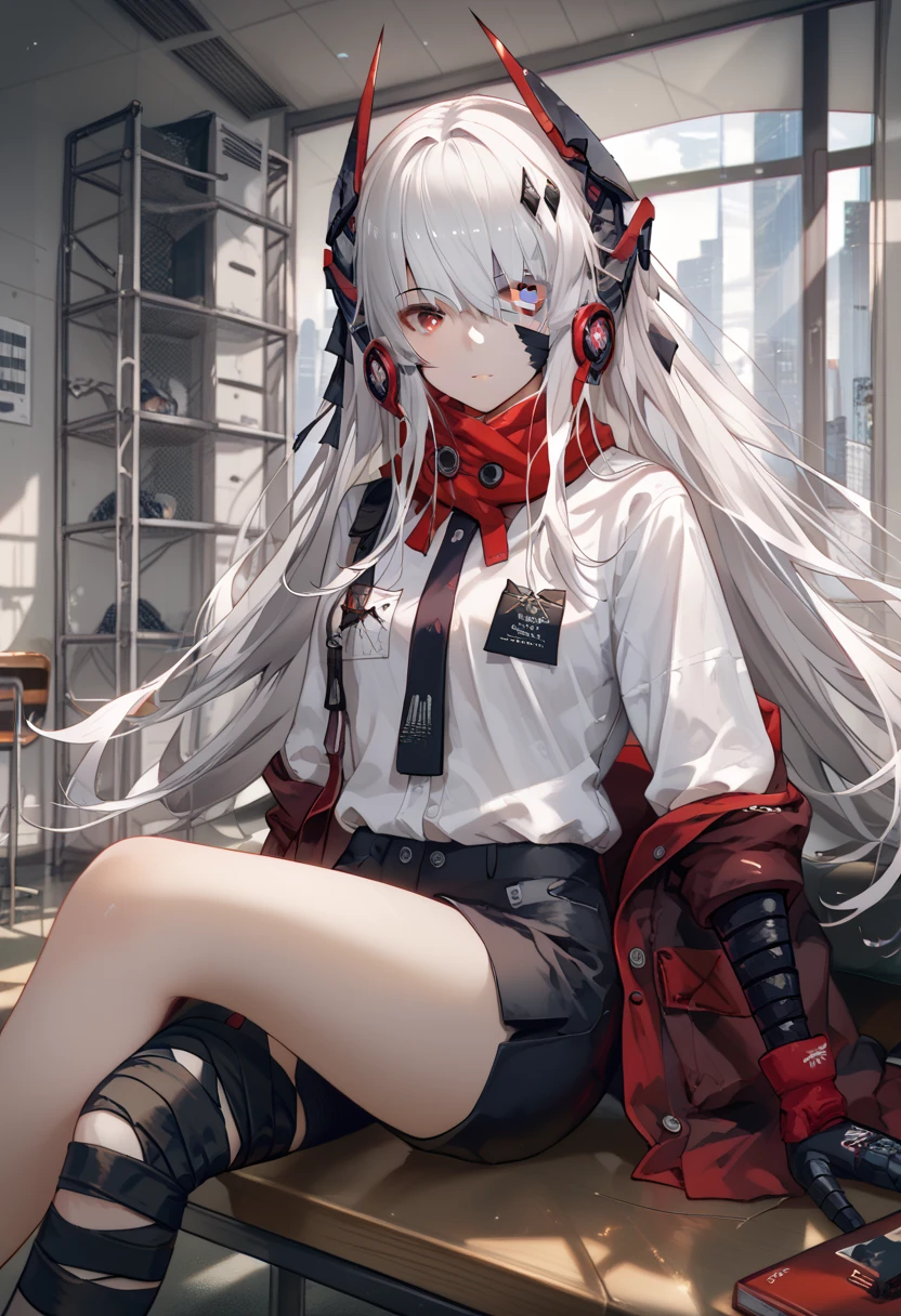 zPDXL2, score_9_up, score_8_up, score_7_up, (Anime_source), 1girl, CrimsonAbyss, Heterochromia, red eye, grey eye, white hair, school shirt, white shirt, headgear, (bandaged leg), cowboy shot, looking at viewer, sitting, black pants, floating hair, cyber aesthetic room, soft light,