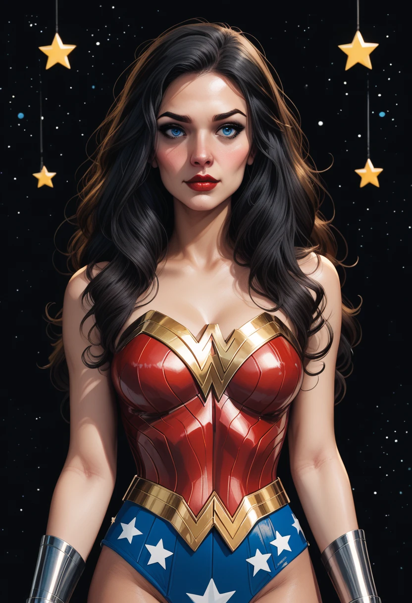 (Wonder Women - DC Comic), standing, star background, long black wavy hair, blue eyes, red lips, blush red, black eyeshadow, black eyeliner, full set of wonder woman costumes