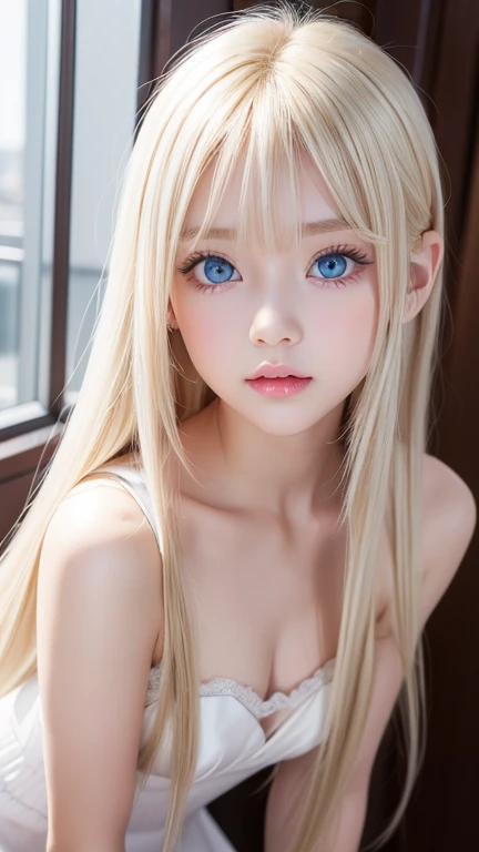 super long straight hair、Blonde girl posing naked、real girls、16 year old girl、beautiful platinum blonde girl、big blue eyes