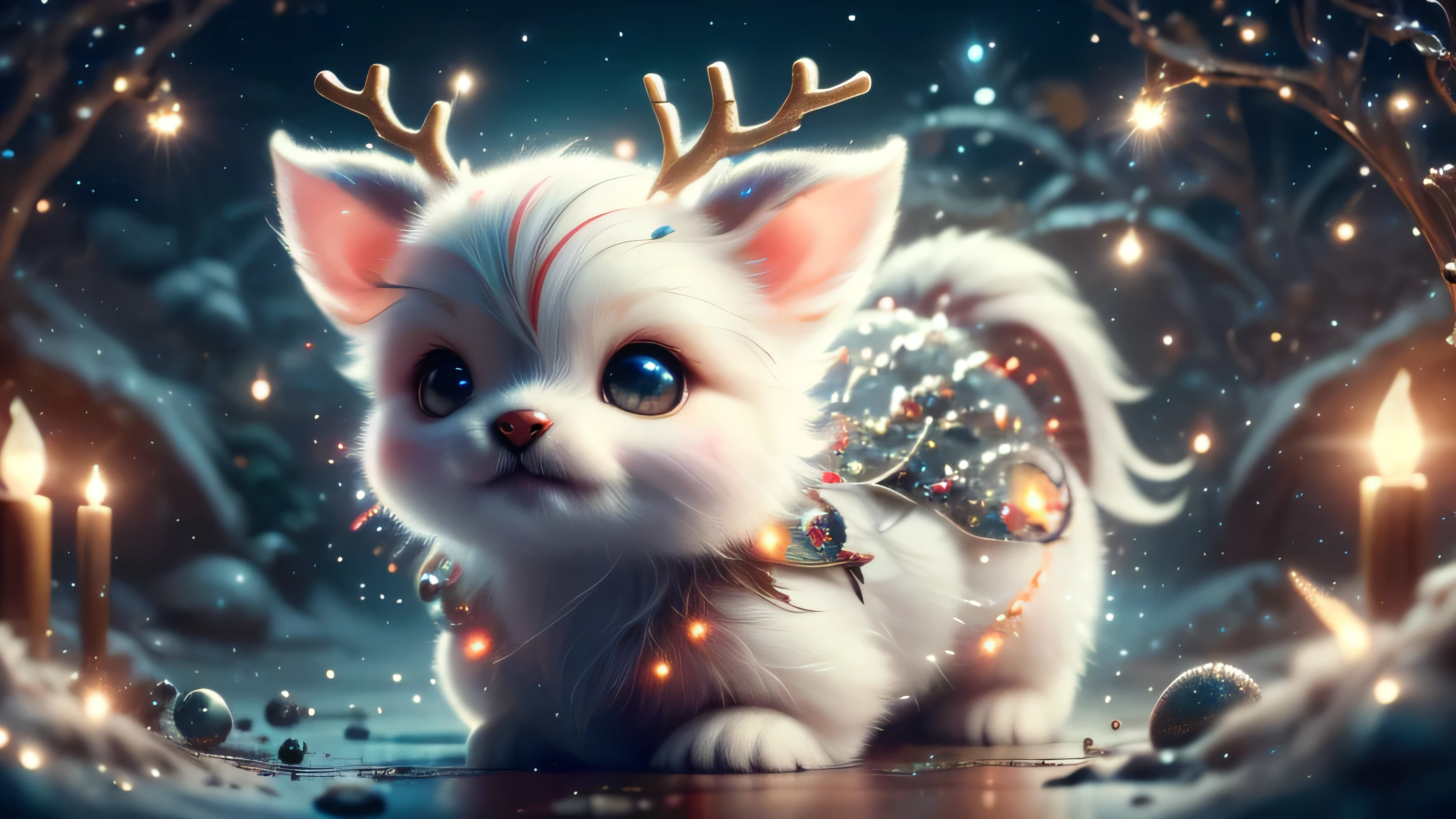 Magical Fantasy Creature, (Best Quality, Masterpiece, Representative Work, Official Art, Professional, Super Detailed, 8k:1.3), (Photorealism:1.2) Super Cute, Big Eyes, Soft, Soft Nose, Fluffy, Double-Toothed Smile, Aurorastyle, Highly detailed Dynamic shot of majestic adorable **** reindeer, high quality, beautiful masterpiece, fantasy creature, kawaii, digital art, glowing sparkles, Realistic, Beautiful, Stars in Eyes, Soft Volumetric Light, (Backlight:1.3), (Cinematic:1.2), Intricate Details, (ArtStation:1.3), --auto --s2