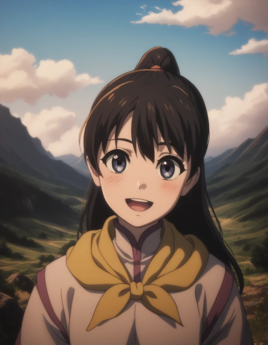 score_9, score_8_up, score_7_up, gsfghtr, multicolored robe, neckerchief, black hair, (long straight hair), (facing right), cinematic Lighting, 1girl,solo,blush,smile, open mouth,Valley with Flowing River, ((rainbow on sky))