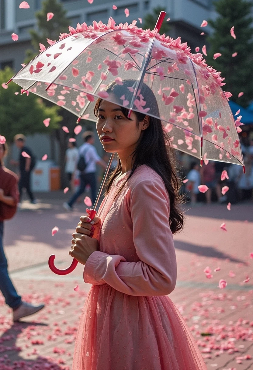 In Thailand Bangkok 1girl\(holding umbrella\(transparent,(mass amount of petals decorate umbrella:1.3)\)\), (mass amount of petals filling in the air:1.5). petals cover ground. minimalism, simplism. BREAK .quality\(8k,wallpaper of extremely detailed CG unit, high resolution, top-quality, top-quality real texture skin, hyper realistic, increase the resolution, RAW photos, best quality, highly detailed, the wallpaper, golden ratio, high saturation realism, vibrant colors, dramatic lighting, persuasive storytelling, atmospheric scenery, captivating visuals, intricate details, strong emotions, dreamlike world\),