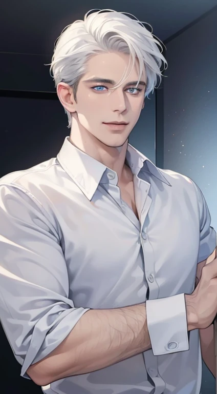 (best quality, masterpiece, 8K, photorealistic, cinematic lighting, hdr image, ultra detailed, beautiful image), 1 man, 31 years old, mature man, very handsome, (without expression, smile), short white hair, blue eyes ( penetrating gaze), perfect face without errors, imposing posture, without errors, businessman, office background