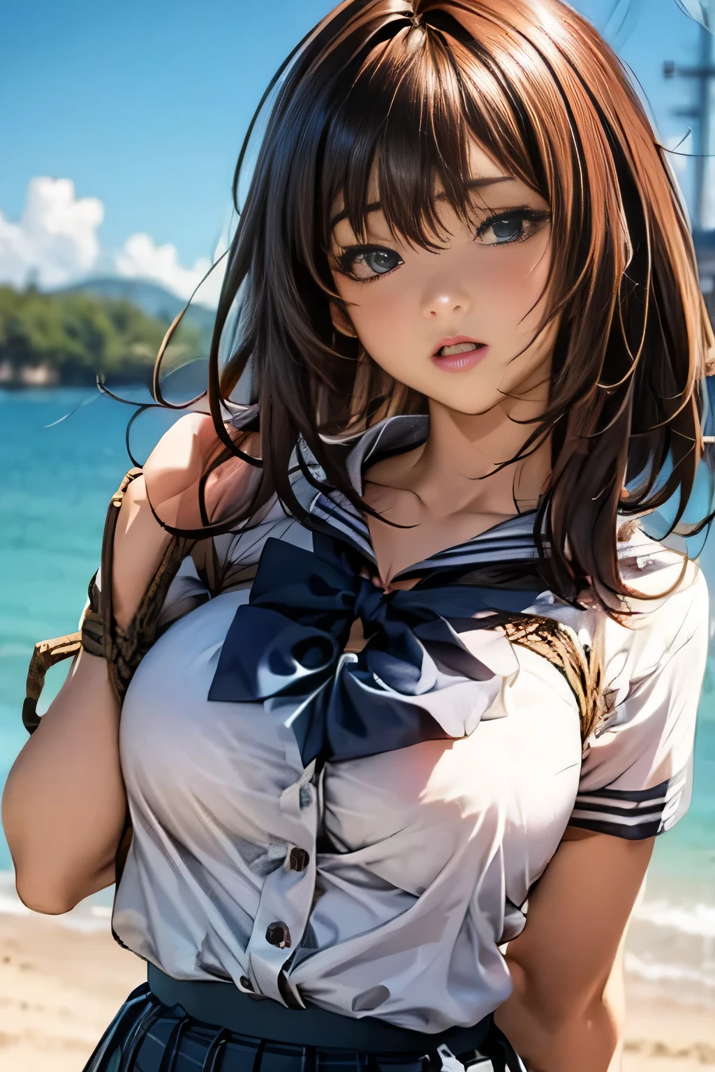 (masterpiece:1.2, highest quality), (realistic, photorealistic:1.4), beautiful illustrations, 
looking at the viewer, Front view:0.6, 
1 girl, Japanese, high School girl, ((medium hair:1.5)), blown hair, bangs, hair between eyes, huge breasts:1.5, 
beautiful hair, beautiful face, beautiful and detailed eyes, beautiful clavicle, ((Chubby body type:1.5)), beautiful breasts, beautiful thighs, beautiful feet, beautiful fingers, 
(beautiful scenery), , School,
((Short sleeve shirt with collar, white shirt, button gap,, Grey plaid pleated skirt, Blue plaid bow tie)), white panties, 
(Are standing, , lift the skirt, Grab the hem of the skirt, put your hand on your chest, hand between legs), 
blush, rope,bound, bondage, shibari, shibari over clothes, restrained