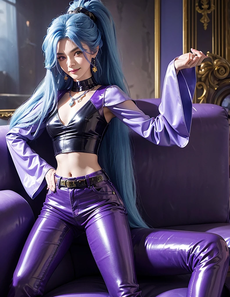 SCHALA, long blue hair, ponytail, purple eyes, purple long sleeved latex top, midriff, navel, long blue jeans, belt, pendant, on sofa, smile, royal living room