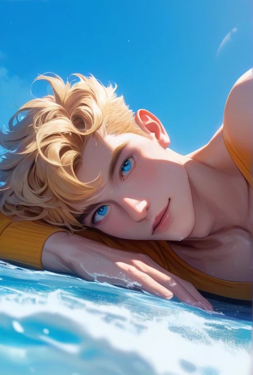 score_9, score_8_up, score_7_up, , (A hyper realistic ultra detailed photo of a young slim handsome man),  fancy hair ,  golden blonde  hair, ultrarealistic, cute,  skinny toned body, perfect eyes , looking at viewer, amusement of desire and arousal, (lying on his back wearing spandex swim jammers with a male erection), (his male piece is hard-grown and standing out visible upwards, ejeculating white splases from its top on his chest))), Hochauflösung, Beste Qualität, Anatomisch korrekt, nsfw