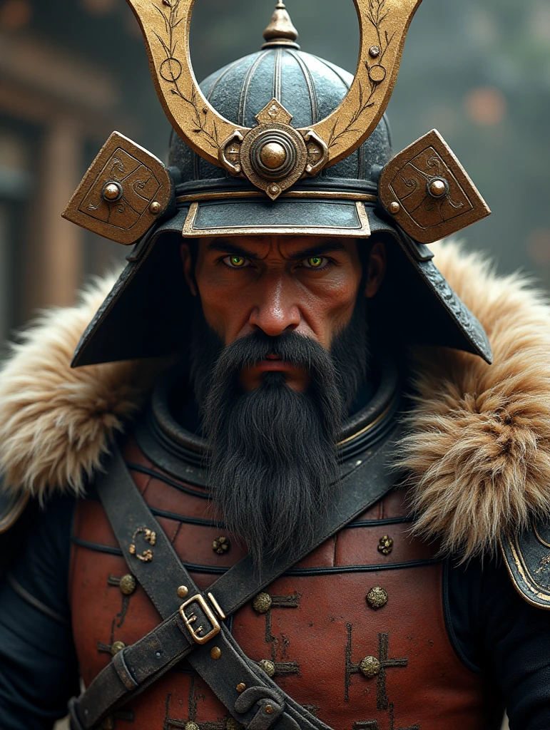man in samurai Armor with fur around the neck and waist, Wearing a demon helmet, Dusty detail decoration, Fighting fatigue, Male Warrior, Armor, epic, Facial scars, Dungeons & Dragons Character Portraits, intricate, 8K Resolution, Dynamic Lighting, Ultra Detailed, Unreal 5, Volumetric Lighting, Alphonse Mucha, Pre-Raphaelite, Detailed background, Mandala, detailed face, detailed eyes, Neon Eyes