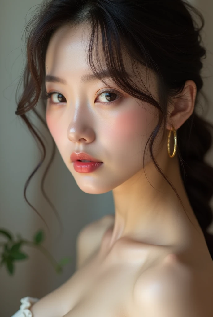 (from side), small breasts, sideboob, (flat chest), (drooling), (wet), (expressionless), (tears), looking_at_viewer, fashion trendy beautiful beautiful beautiful girl, gentle and attractive Chinese beautiful girl, , delicate and sexy collarbone, Attractive oval face, double eyelids, smart peach blossom eyes, pink lips, small nose, bare shoulders, focus on the face, chest close-up, ultra high definition, super detail, fresh and impressive