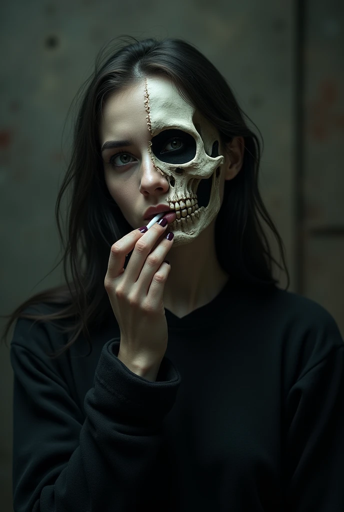 photorealistic portrait, surreal, Discreet, haunting and creepy of a girl clutching a bunch of realistic skull balloons, [the innocent look of the girl : macabre horror nature] scenery, Perfect quality of horrible conceptual image., Depressive atmosphere of restlessness and shock., cooling globe assembly, strange contrast, Dark fantasy and psychological thriller., translucent bioluminescent materials, Ultrafuturista, (voronoi pattern, depth of field, (bokeh arremolinado:1.275), (Kodak photo 400:0.875) :1.15), (realistic complex futuristic background, many futuristic kitchen devices:1.1), shiny glass, (Turbulent Toxic Vapor, epic surreal, edge lighting, low profile light:1.1), remarkable masterpiece, celestial, ethereal, epic, magic light flashes, dreamy soft natural lighting, ((warm yellow and deep charcoal:0.7), (cinematic look:1.15):1.15)