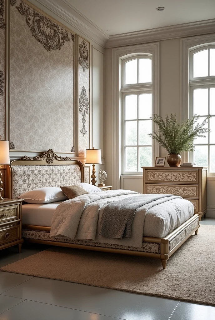 Masterpiece, high quality, best quality, authentic, super detail, interior,neoclassical bedroom, bed, wardrobe, curtains, Windows, modern ceiling,carpet,similar color tones,warm light,vray<lora:Avrhneoclassicalbedroom:0.6>