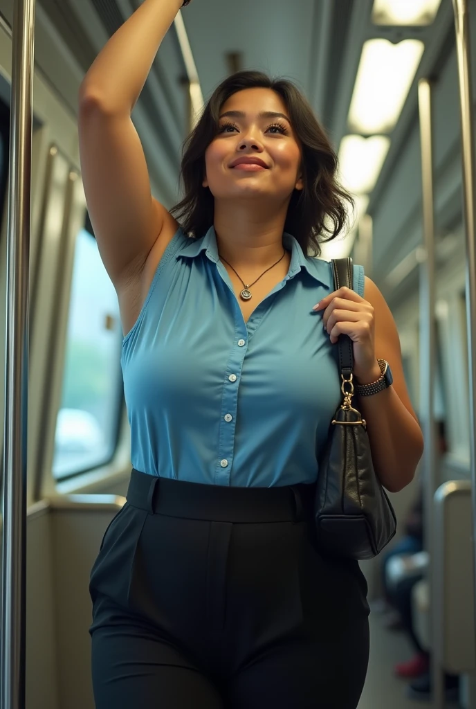 there is a woman holding up a bag on a bus, armpit, waving arms, public bus, wearing dirty travelling clothes, with arms up, sweaty. steam in air, shrugging arms, waving, raising an arm, gorgeous lady, karla ortiz, waving and smiling, photo taken in 2018, leaked photo, viral photo, shoulders can be seen her clothes armpits soaked with sweat huge sweaty stain on her armpit