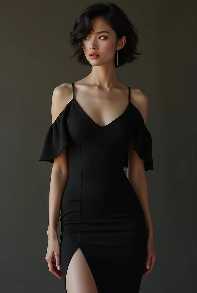 1girl in, Calm, Closed mouth, Collared shirt,, ((Realistic lighting, Best Quality, in 8K、masutepiece: 1.3)), Clear focus: 1.2, 1 Perfect Body Beauty: 1.4, Slim abs: 1.1, ((dark brown hair)), (Bandeau Dress: 1.4), (plein air, Night: 1.1), the city street, Super fine face, Fine eyes, Double eyelids, Black stockings