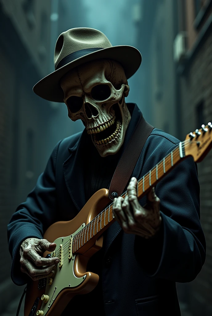 ((Cinematic film screensaver)), (full body realistic photo), ((a phantom skeleton playing the blues on a guitar)), head hung down, bowler hat, blues suit, (((graveyard))), ((cemetery)), ((necropolis)), ral-zmbyz, <lora:ral-zmbyz:0.8>, (graves), (crosses), ((ghostly skeletons of women in dresses stand nearby)), moonlit night, striving for masterpiece status, dramatic lighting, golden ratio, 8k resolution., mysterious, (beautiful anatomically correct eyes), anatomically correct structure of fingers and toes, five fingers on the hand, full screen body height, (everything is in icy tones), ((a painting made of ice)), (((smoke effect))), <lora:Ice:1.2>, ((frame filled with various details)), ((raining)), soft lighting, (Highly Detailed:1.4), <lora:add-detail-xl:0.9>, professional photo, ((64 megapixels)), HDR, (ultra high quality).