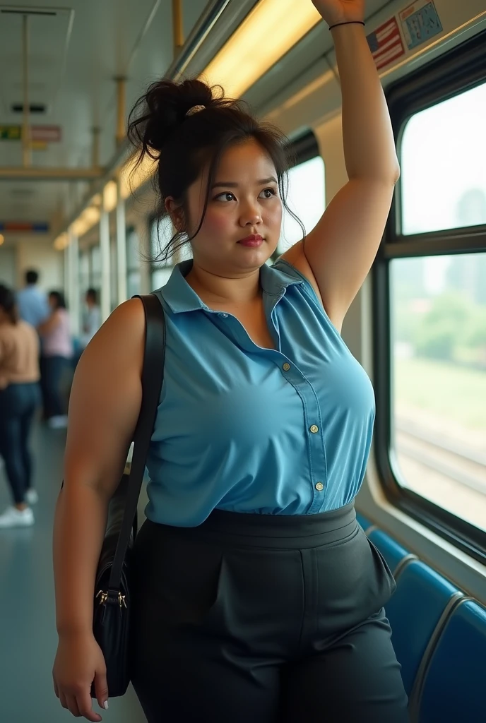 So I want a realistic image scene, indian bus, a men and women standing lane between seats, women wearing sleeveless western dress, her hand are up slides behind her head, exposing her sweaty armpit.