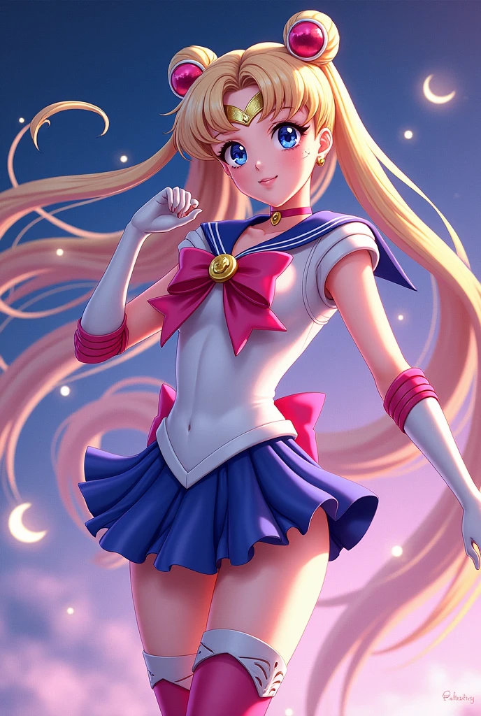 Masterpiece, The best quality, nothing, Manager 1, 1 girl, only, Uniforme Sailor Senshi, Sailor Moon, Usagi Tsukino, rubio, Magical Girl, blue eyes, white panties, red neckerchief, elbow gloves, tiara, blue skirt, pleated skirt, Mini Skirt, choker, white gloves, jewely, earrings, They are smiling, The background is space (excellent detail, Excellent lighting, wide angle), Mini Skirt, , ((showing legs)), sin panties