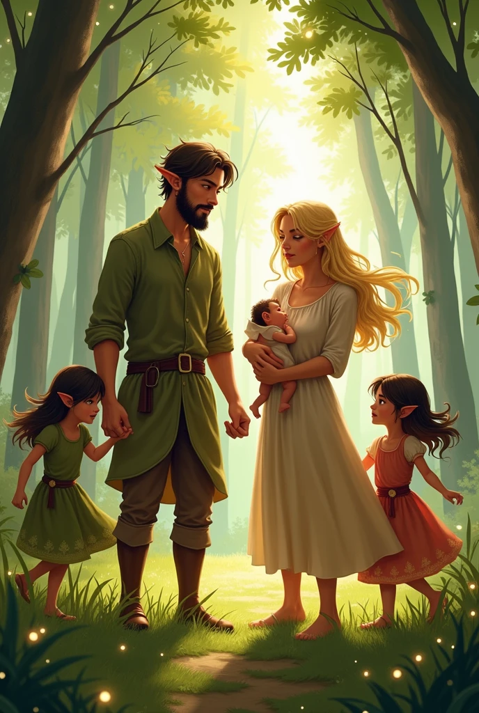 (Masterpiece) 8K resolution, mother holding , father cuddling, blonde long hair, green gentle eyes, fantasy style,