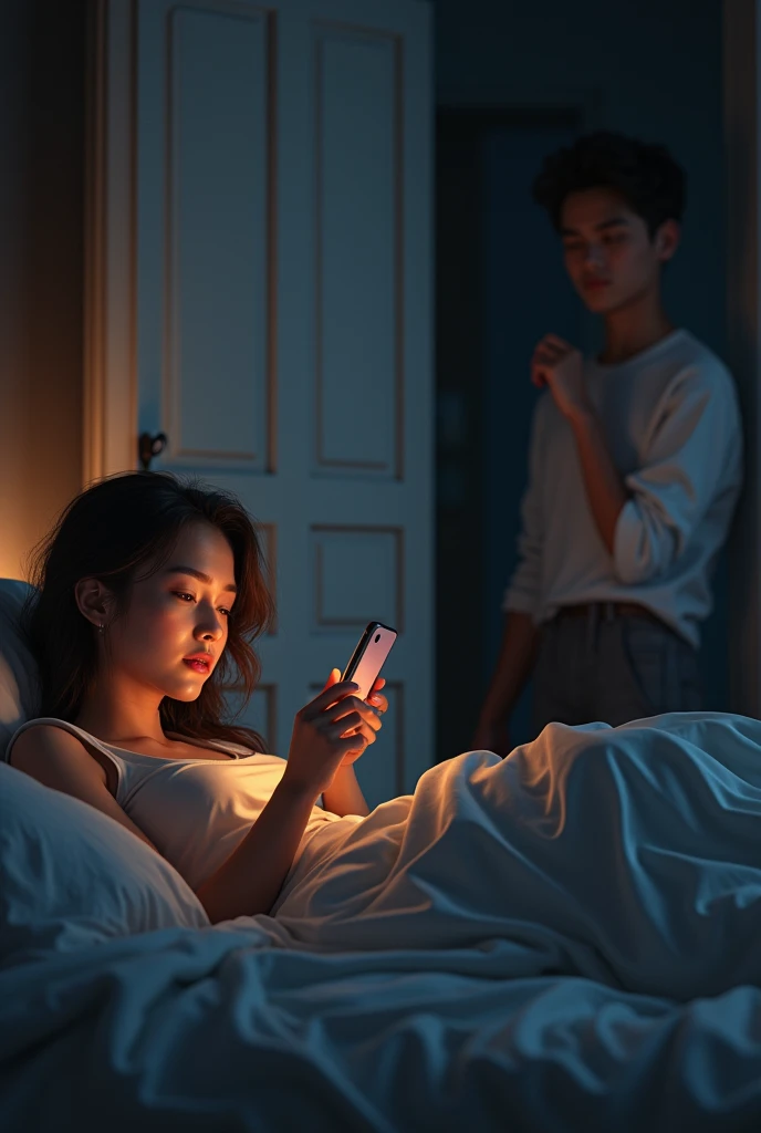 humans taking medicine lying in bed while looking at their cell phones surrounded by waste and pollution