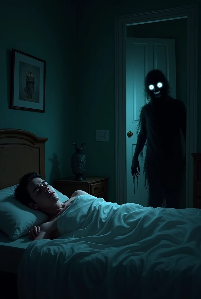 A young man lies in bed, paralyzed, with wide, terrified eyes. Dark, shadowy demons with glowing red eyes hover above him, their ghostly forms pressing down on his chest. The room is dimly lit with an eerie blue glow, casting long shadows that enhance the chilling atmosphere. The spirits swirl menacingly, embodying the weight of sleep paralysis, trapping the man in a state of fear and helplessness. The scene is tense, with a haunting, supernatural presence looming over the man as he struggles in