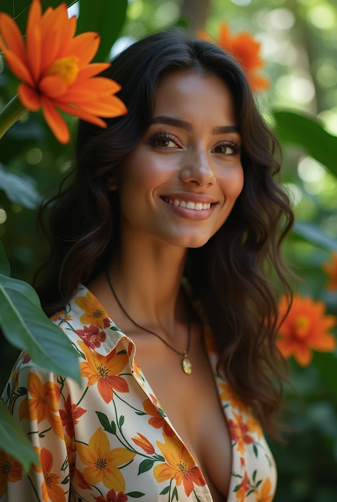 A Brazilian woman in a lush tropical garden, wearing an open shirt with a floral print, with a close-up capturing the harmonious beauty between her breasts and the natural flowers, showing off your natural charm and outgoing personality.