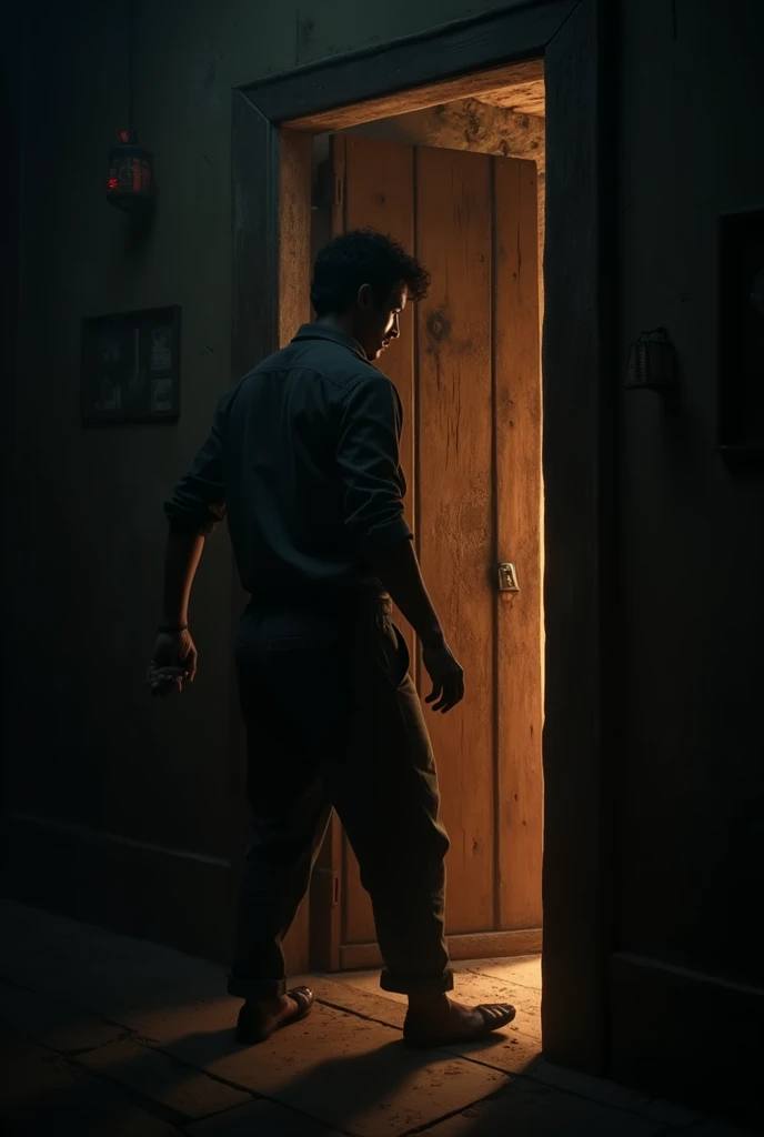 Ultra realistic and extremely detailed image of a man with short, dirt-smeared black hair, dirt-smeared face, plain white shirt, and trying to open a wooden door of a small house in the middle of a nighttime cemetery with heavy clouds