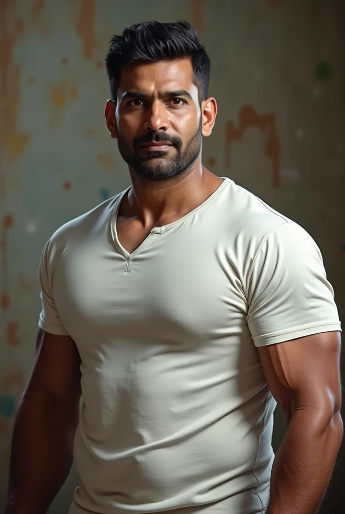 (Indian man), (55 yo), realistic, muscular, voluptuous body, (Vertical striped yukata), open in front of striped kimono, cotton clothes, large penis, testicles, ((nipple ring)),