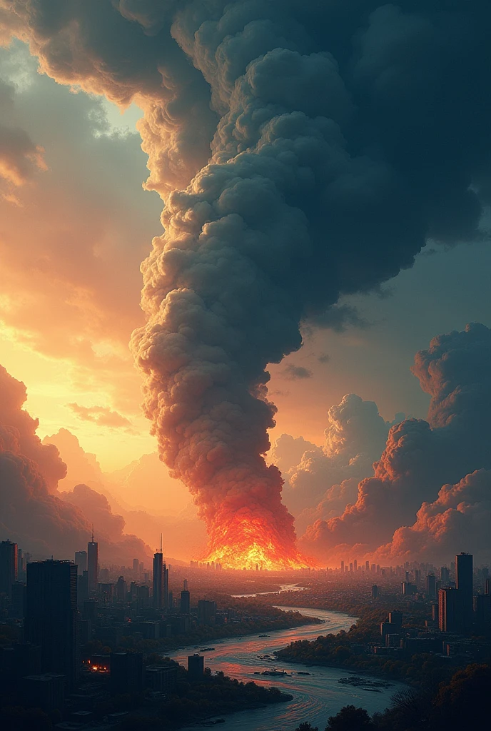 Dilapidated buildings, fogo, smoke billowing, carros deteriorados, growing vegetation, post-apocalyptic world, duas silhuetas, por do sol, homem, mulher, cinzas. explosion signal