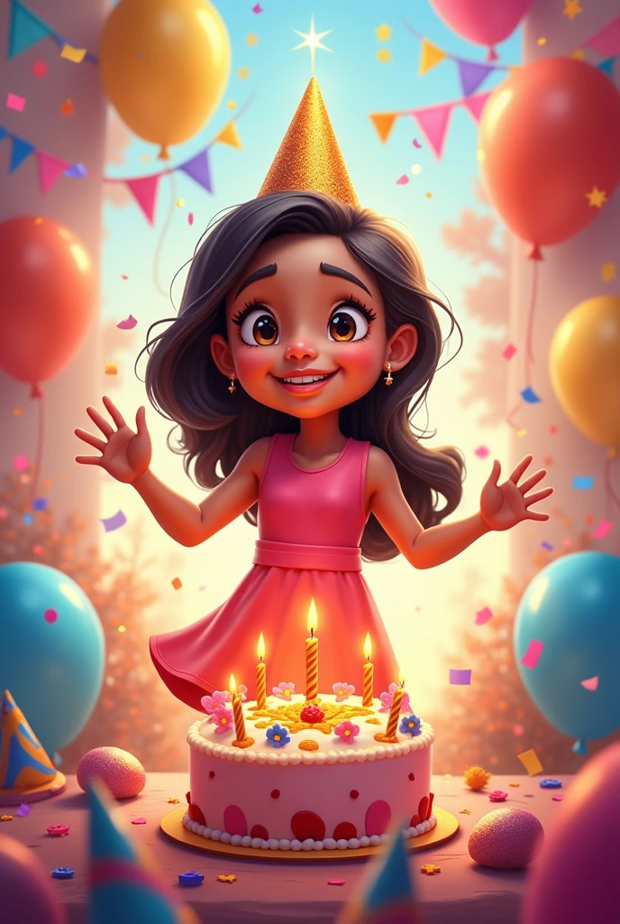 A dark-skinned teenager with straight hair in a black leather jacket and skirt celebrating her birthday in her living room with a white background. She has a small round table in front of her that has on the table a strawberry cake, a bouquet of flowers and a cheese board.. Next to her are pink and silver balloons. She is clapping while looking at the cake