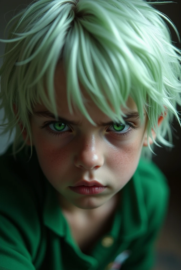 A young boy aged 18, portant une tenue rouge et verte décontracter, he has green and white combed hair, des yeux de couleurs verdoyant brillant, il a des ailes rouge et verte, he has a serious look