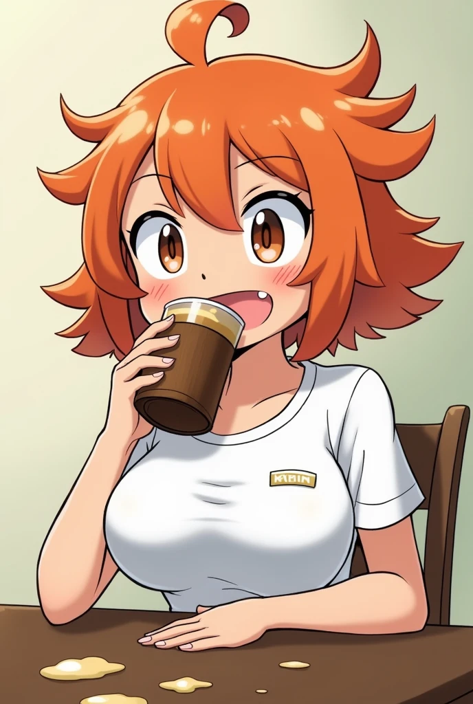 RanmaChan, Red hair, Braided hair, blue eyes, detailed eyes, whole body, Cleavage Bulge, POV Breast Grab, Bust Cup / Cum In-between Booba, iced latte with breast milk