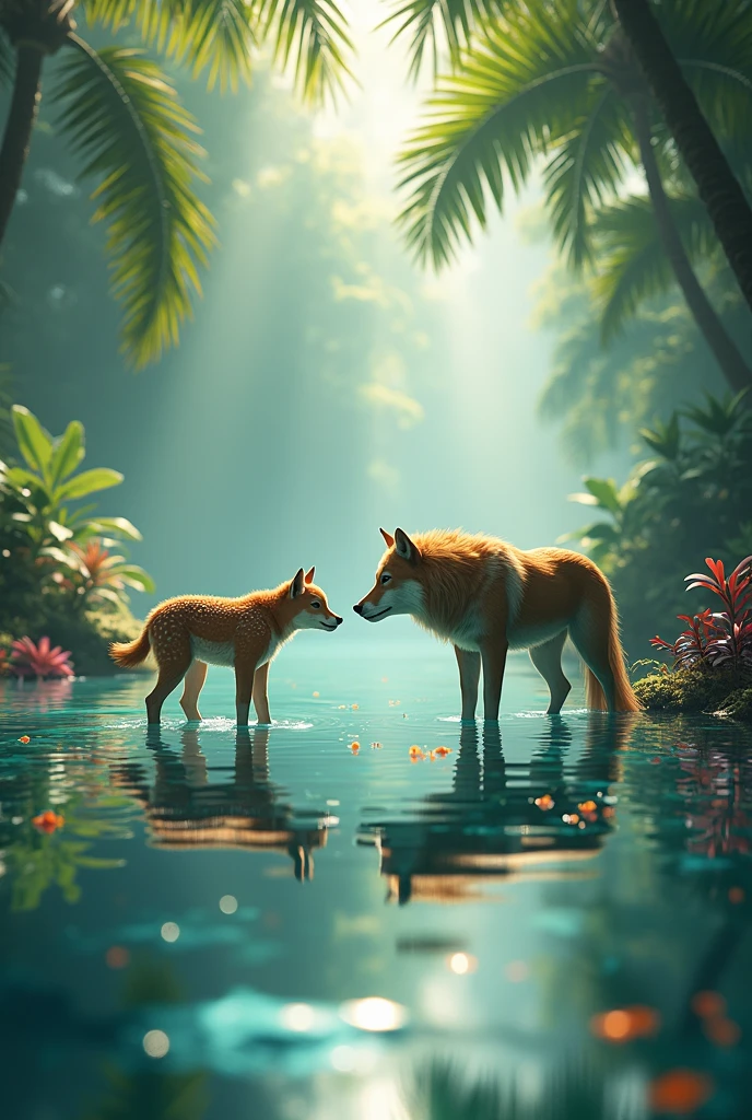 bamboo forrest,red fox,flowingwater,mountain stream,Twenty-year-old man,The two looked at each other,Be red in the face,perspire ,Abs --auto