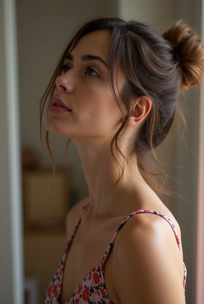 Side view, Mature skin, freckles, Beautiful elderly woman, cute,sexy,55 years old,,sexy, old woman,Big saggy Breasts, skimpy halter yellow clothing, Side boob, Curly Hair bunches like a school girl, loop earrings, hair bunches, cute hair, rosey cheeks, arms straight up, plain grey background