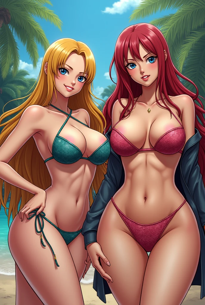 Year 2350 in the Jetson's Future World, a smiling 25 year old nude Judy with Blonde Hair kisses her nude 20 year old Redhead girlfriend, D-Cup Cleavage.