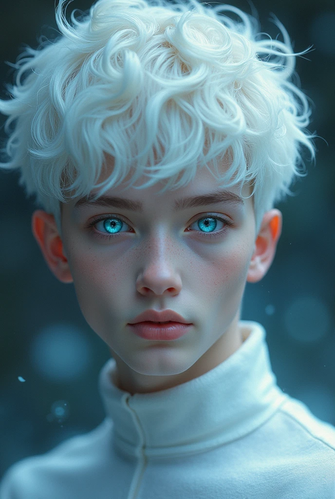 Half BODY PHTOREALISTIC HANDSOME 8 years old JACK FROSt. Blue eyes. Wearing white t-shirts and short. Holding lollipop