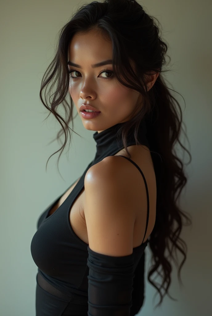 A young woman with an alluring yet casual appearance. She has long, dark hair that frames her face and expressive brown eyes. Her features are delicate but striking, with a subtle confidence in her gaze.Clothing: Keira typically wears stylish yet comfortable clothes, like a simple dark-colored top and jeans, reflecting her laid-back yet fashionable
