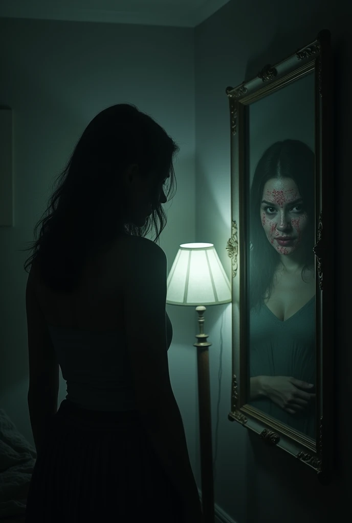 A young woman with black hair trembling as she backs away from a mirror that shows a reflection of a scary young woman face in a room