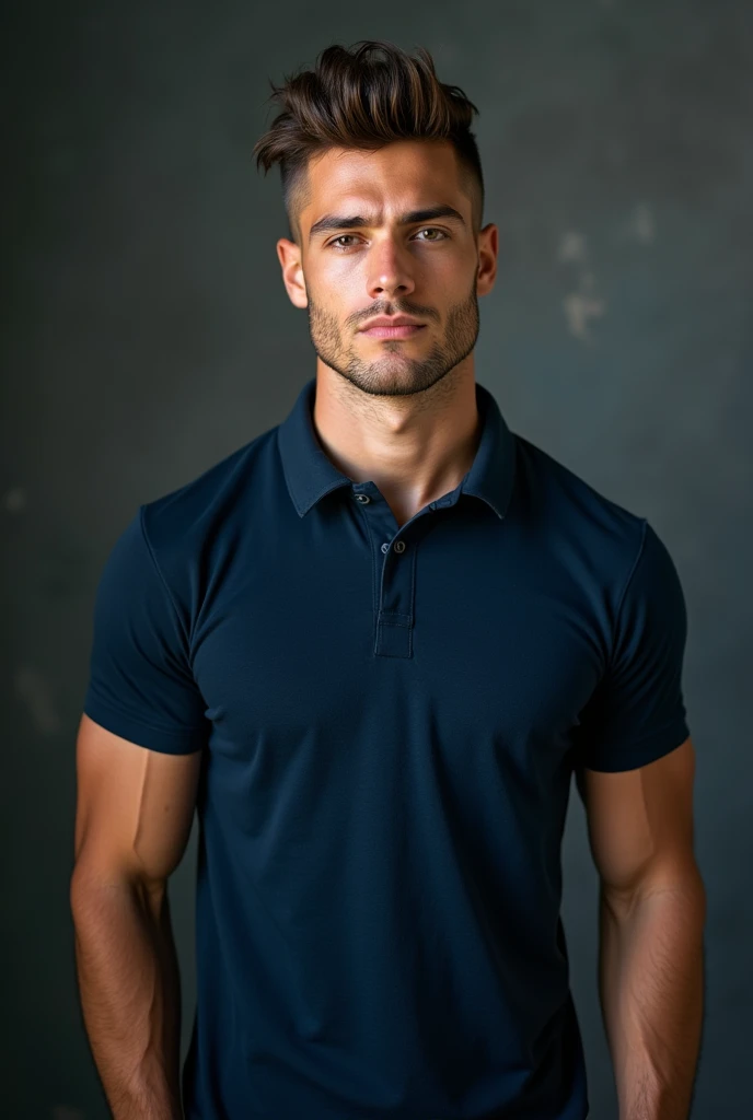 ((Highest quality, 8K, Masterpiece: 1.3))、Thailand Laos Burma Asia, Thai man, A handsome Asian rugby player with short hair, a muscular beard, and big muscles., １A man who has、 yo、Good appearance、Beautiful nose、smile、 Detailed eyes and face、beautiful light、(studio)、high resolution、（Look at the viewer.）、Fine mouth、smile、whole body: 1.5, perfect shape: 1.3, Picture of both shoulders:1.3, Navy blue round neck t-shirt:1.5