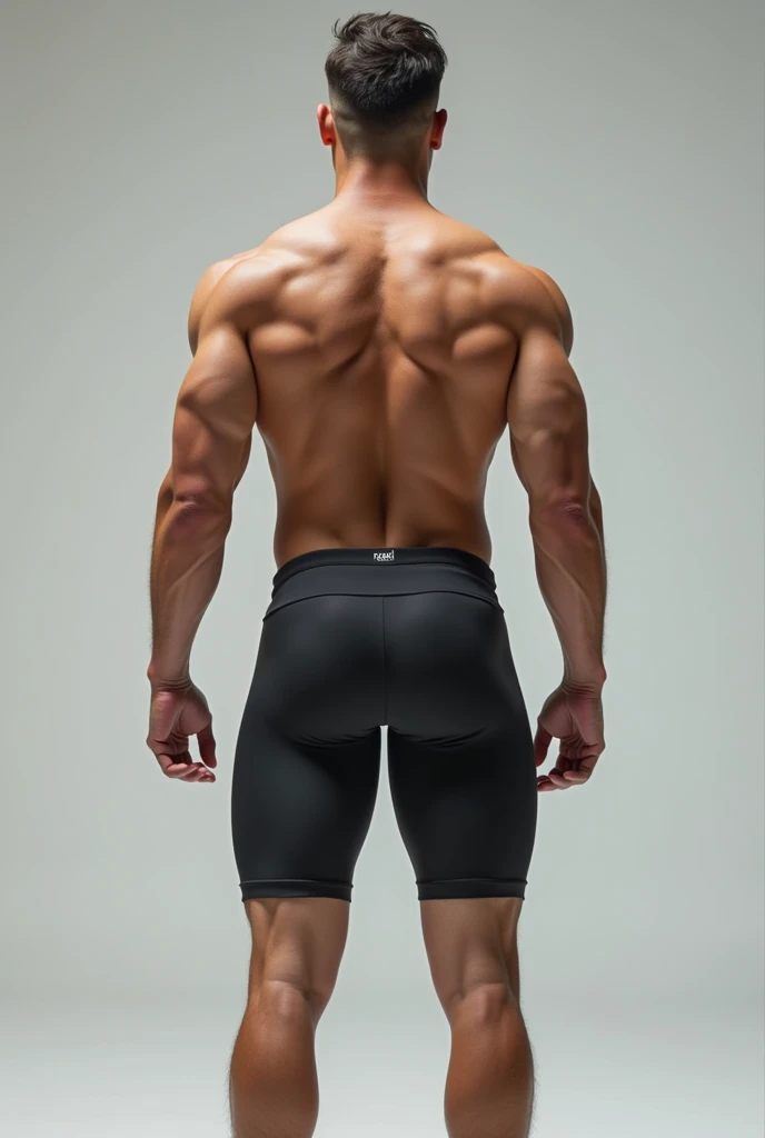 Athletic 20 year old man from behind wearing white American football lycra shorts, Bring a dark cap and white tennis shoes, with white skin tanned, Brown hair, with a tattooed arm