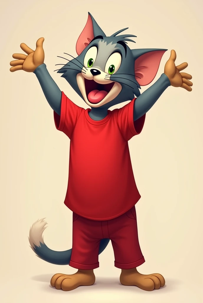 Create me images of the cat Tom happy thanking God that the cat Tom has pants and a t-shirt and that the t-shirts and pants are red