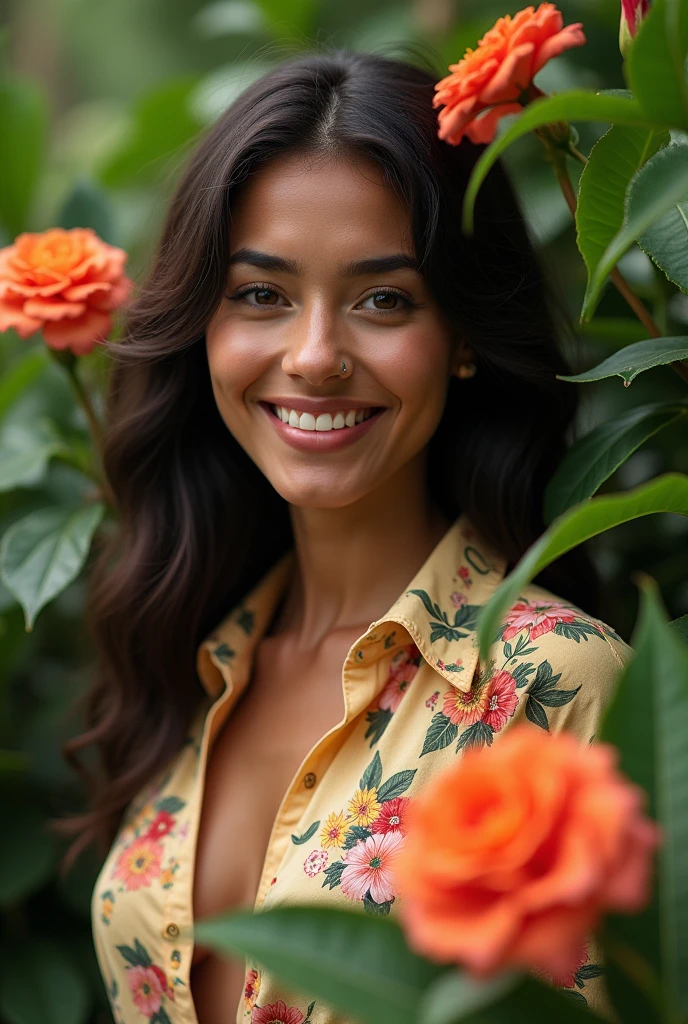 A Brazilian woman in a lush tropical garden, wearing an open shirt with a floral print, with a close-up capturing the harmonious beauty between her breasts and the natural flowers, showing off your natural charm and outgoing personality.