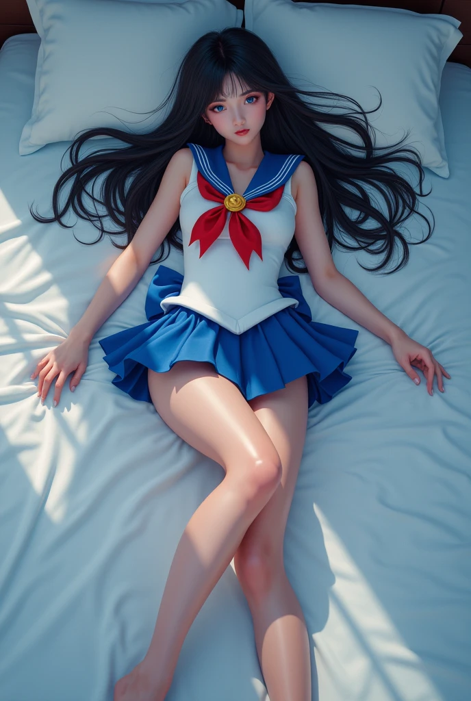 ((perfect anatomy, anatomically correct, super detailed skin))), 1 woman, ((sailor warrior uniform:1.6, sailor moon, sailor mars, sailor Venuses, sailor guardians)), from front, shiny skin, detailed hair, detailed face, detailed eyes, (long hair:1.5, brunette hair:1.7), natural bangs, hair between eye, light brown hair, brown eyes, babyface, lip gloss, beautiful body, normal breasts, beautiful thighs, beautiful legs, camel toe, ((detailed cloth texture, blue, red, white, sleeveless top , pleated skirt, boots:1.6)), white panties, beautiful scenery, summer, (lying on back:1.4), ((close eyes:1.6)), (sleeping), laying on the bed, (8k, top quality, masterpiece​:1.2, extremely detailed), (realistic, photorealistic:1.4), beautiful illustration, natural lighting, whole body, (semen on forehead:1.2), (semen on hair:1.4), (semen on thighs:1.9),