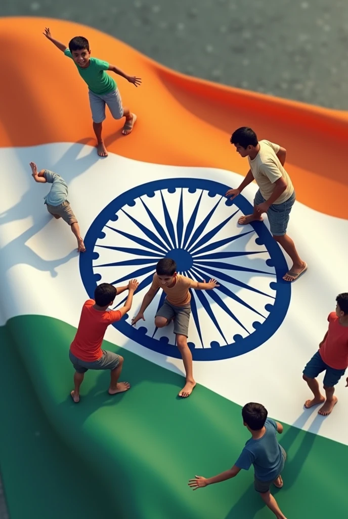 A Indian boy playing mud Football with Indian national flag in hand with @wayanadan watermark 