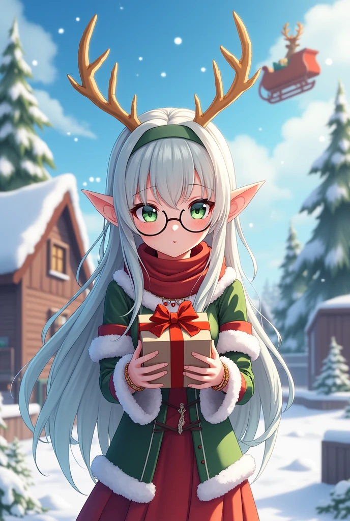 full body portrait of a shy female anime elf with pointy ears and white and light blue hair with green stands holding a present in her hands, sie trägt eine runde Brille, shiny light green eyes, on her had she is wearing christmal reindeer antlers, she is wearing a cute christmal dress with red and green stripes, christmas accessories, bright colours, detailed eyes, delicate features, shy glance, long white and blue hair, Sanfte Beleuchtung, in the background is snowy landscape with a christmas village, in the air a reindeer sledge is flying through the sky, best quality, 4K, High Resolution, ultradetailliert, realistisch,