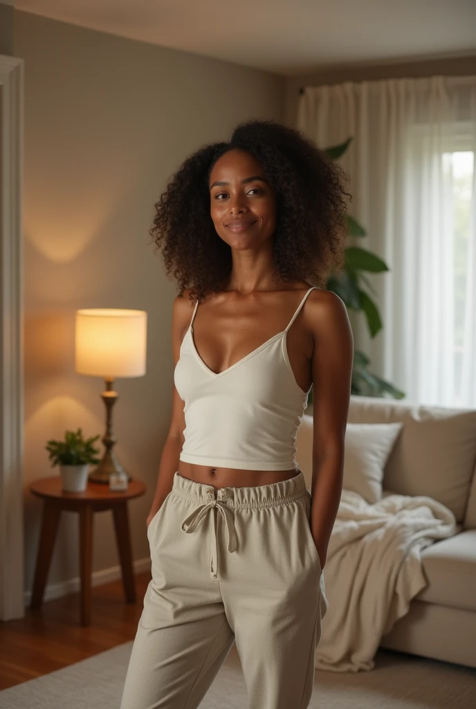 brown skin woman with long light brown hair wearing a white short sleeve tshirt, happy, black skin, upper body selfie, selfie, model pose