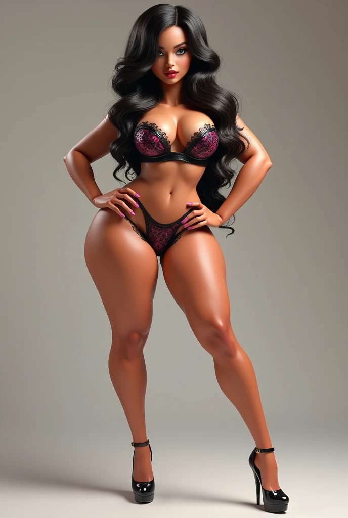 A MATURE WOMAN, HUGE FAKE , (BEAUTIFUL FACE), (RGB), (PURPLE BRA), (HIGH HEELS), (PERFECT BODY:1.2), (LONG LEG), (FULL BODY:1.3), FRONT, (STANDING:1), SEXY BODY, EXPOSE MUSCLE ABS, UHD, 8K, 1080P.