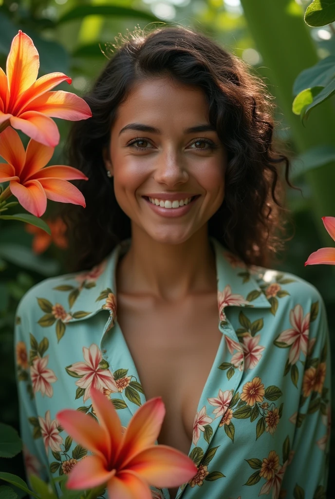 A Brazilian woman in a lush tropical garden, wearing an open shirt with a floral print, with a close-up capturing the harmonious beauty between her breasts and the natural flowers, showing off your natural charm and outgoing personality.
